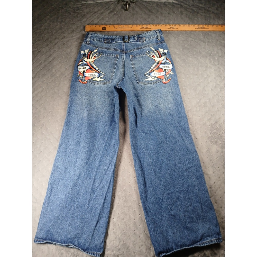Ed Hardy Wide Leg Jeans Blue Denim Logo Print Y2K Streetwear Mens 30 - Picture 9 of 14